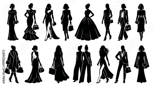 Elegant Women Fashion Silhouettes Vector Set: Diverse Dresses, Suits, and Stylish Outfits
