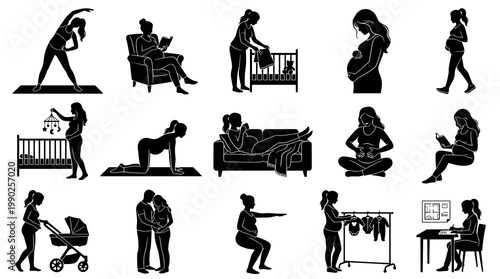 Maternity  Pregnancy Lifestyle Silhouettes Collection. Black and White Pregnant Women Activities Glyphs