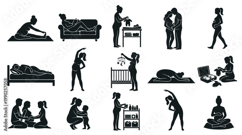 Pregnancy Maternity Lifestyle Activities Black Silhouette Vector Icons Set