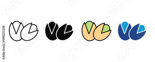Pistachio nut icon set. healthy snack and organic food concept symbol. collection of cracked shell and kernel symbols. Vector illustration