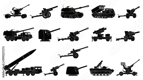 Black  White Military Artillery Icons Set