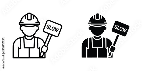 Construction worker icon set, road maintenance flagger holding slow sign, industrial safety professional in hard hat and vest, black line and silhouette vector