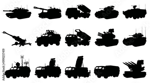 Military Combat Vehicles Silhouettes Vector Set - Army Defense Equipment Collection