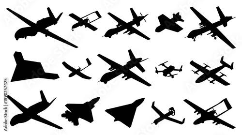 Aviation Military Drones and Aircraft Silhouettes Glyph Icon Set