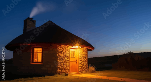 Rustic cottage at dusk with warm light chimney smoke and clear sky
