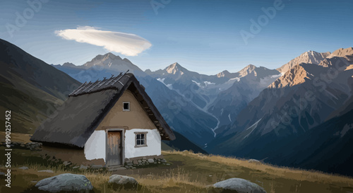 Rustic cottage amidst mountains under a clear blue sky serene nature scene