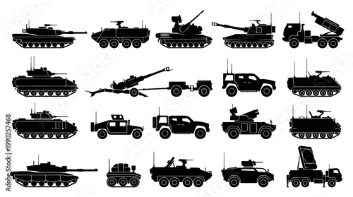 Army Military Vehicles Silhouettes Icons Set. Black  White War Machines Collection