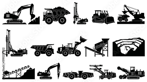 Mining Equipment Black and White Glyph Vector Icons Set