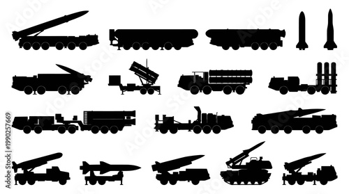 Military Missile Launchers and Ballistic Missiles Silhouette Vector Icons Set
