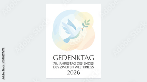 A dove peace vector illustration for 2026 Germany's 77th anniversary end of World War II commemoration with a peace symbol and olive branch in a colorful circular design on a white