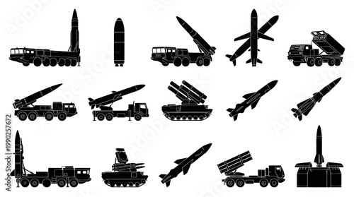 Military Missiles and Launchers Black Silhouette Vector Icons Set