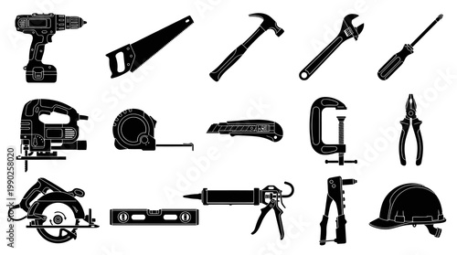 Black and White Icons of Construction Tools and Safety Helmet