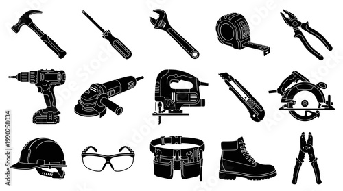 Black and White Glyph Set of Construction Tools and Safety Gear