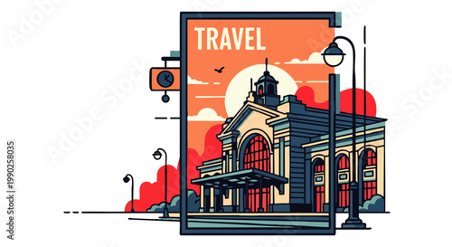 Vibrant vector illustration showcasing a historic train station facade bathed in the warm glow of a beautiful sunset, capturing the essence of travel and adventure