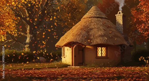Autumnal cottage scene with thatched roof and falling leaves in warm lighting