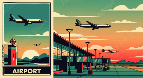 Retro-style illustration depicting an airport scene with planes flying and a modern terminal building under a sunset sky