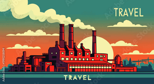 Vibrant graphic illustration depicting an industrial factory with smoking chimneys against a dramatic sunset or sunrise sky, symbolizing air pollution and environmental challenges of modern industry