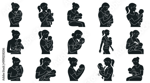 Mother and Baby Silhouette Icons - Family, Love, Newborn Care Glyph