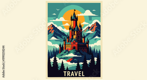 Vibrant Vintage Travel Poster Featuring a Majestic Castle Nestled Amidst Dramatic Mountains and a Serene Sunset Sky