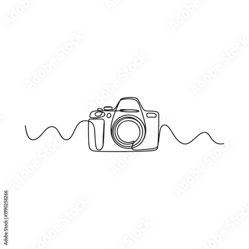 Minimalist line drawing of a classic digital slr camera on white
