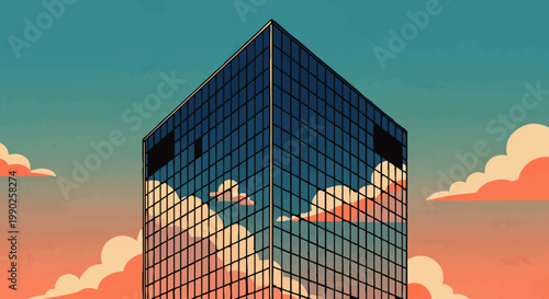 Modern skyscraper reflecting the sky and clouds on a clear day, a striking architectural design