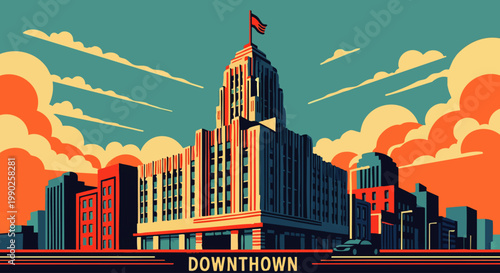 Retro-futuristic urban cityscape illustration featuring a towering art deco building in a stylized, colorful metropolis under a vibrant sky with dramatic clouds