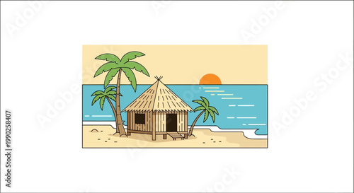 Beachside hut scene with palm trees and sunset vector illustration