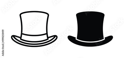 Vintage top hat vector icons, classic gentleman formal headwear silhouettes, elegant black and white magician hat illustrations for party invitations