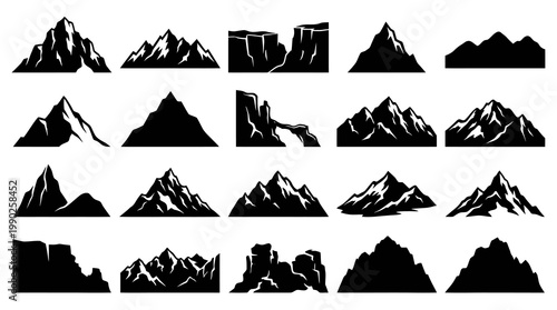 Nature  Travel Mountain Peaks and Rocky Cliffs Silhouette Vector Glyphs Set