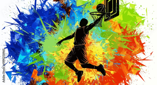 Basketball player silhouette dunking with colorful abstract background