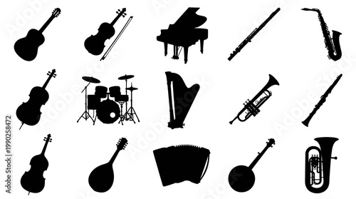 Black and White Silhouettes of Various Musical Instruments