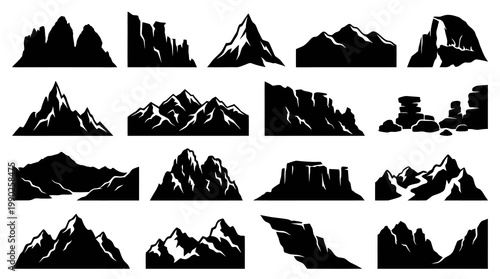 Black Silhouette Mountain Peaks Vector Set - Nature  Travel Icons