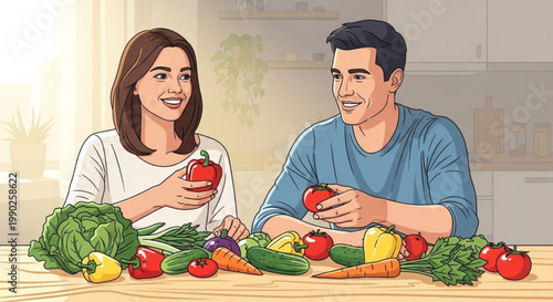 Happy couple with fresh vegetables healthy eating concept preparing organic food for a balanced diet illustration