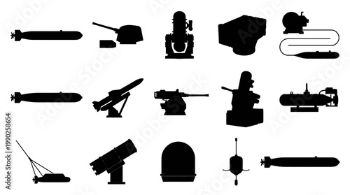 Naval Military Weapons  Underwater Ordnance Silhouette Icons Set