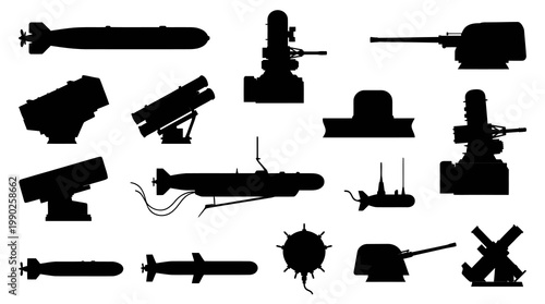 Naval Military Weapons Silhouettes Collection - Warship Equipment  Underwater Submarines Icons