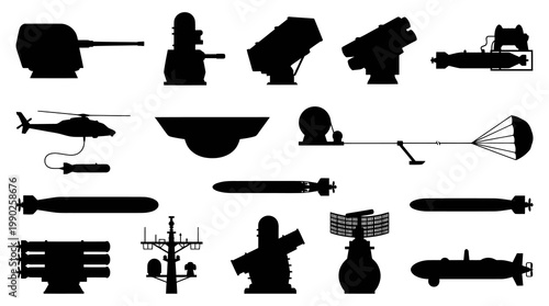 Military Equipment Silhouettes - Navy Weapons, Submarine, Radar, Helicopter, Missile