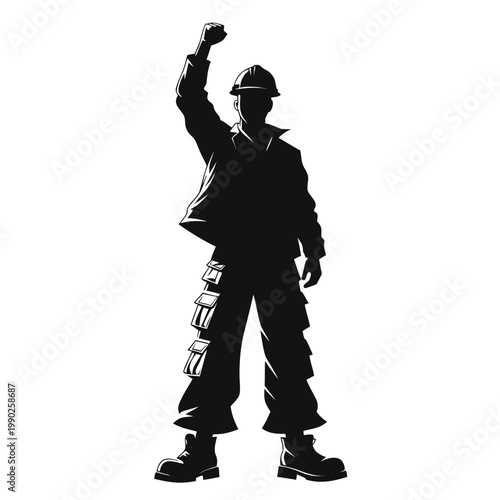 Construction worker, laborer, silhouette, black, industrial, hard hat, tool belt, fist raised, protest, worker rights