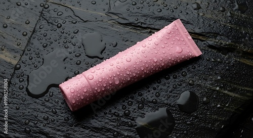 A pink skincare product tube lies on a wet surface with water droplets