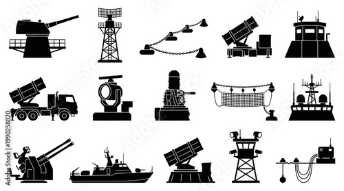 Naval Military Defense Equipment Icons. Warfare Silhouettes: Radar, Missile, Gun, Ship.