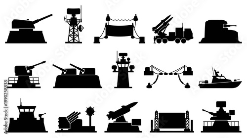 Military and Naval Defense Equipment Icons: Black Silhouette Set