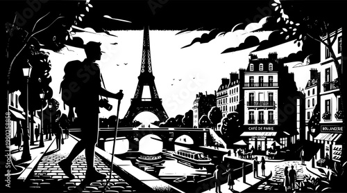 Gen Z "Soft Life" Travel: A silhouette of a traveler with a vintage-style backpack looking at a handheld map (or phone), standing in front of a European archway.