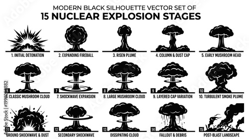 Nuclear Explosion Stages Black Silhouette Vector Set