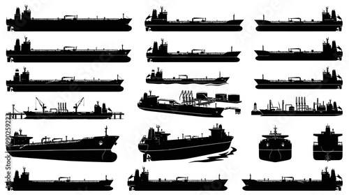 Maritime Industry Tanker and Cargo Ships Silhouettes Vector Set - Shipping  Logistics Vessels