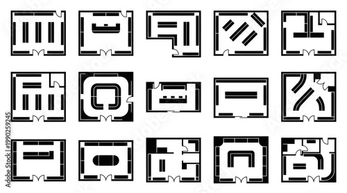 Black and White Floor Plan Icons of Office and Retail Store Layouts