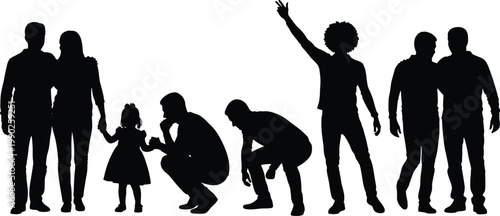 Group of various people silhouettes standing, interacting, and posing, including families and friends, isolated on white background for lifestyle, community, and social diversity design concepts