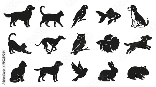 Pet Animal Silhouettes Vector Icons Collection - Dog, Cat, Bird, Fish, Rabbit, Hamster Glyphs