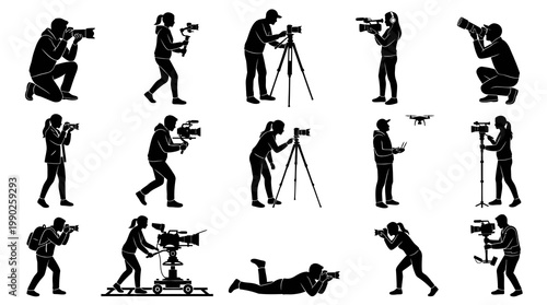 Black  White Silhouettes of People Filming with Cameras and Drones