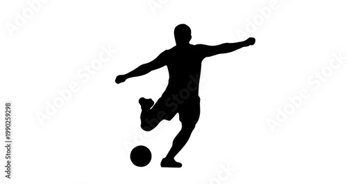 A professional black silhouette of a male soccer player in a dynamic action pose, kicking a football on a clean white background.
