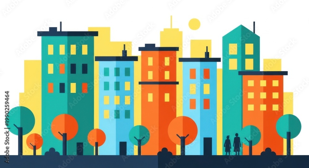 Obraz premium Vibrant Cityscape with Colorful Buildings and Lush Trees