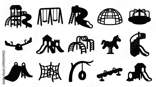 Children's Playground Equipment Black  White Silhouette Icons Set
